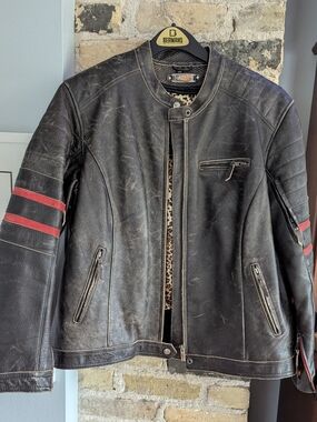Distressed Dark Brown Leather Motorcycle Jacket with Red Sleeve Stripes